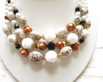 Vintage Deauville Triple Strand Bead Necklace Adjustable White Copper Black Lucite