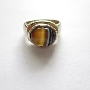 Vintage Stripped Agate Statement Ring Unisex Stone Brown White Black