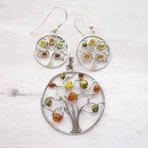 Large Sterling Tree of Life Baltic Amber Pendant Earrings Set