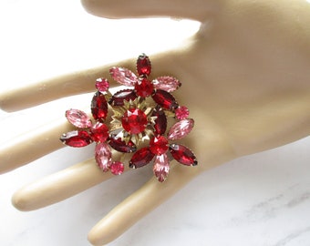 Vintage Large Red Pink Rhinestone Brooch Gold Tone Prong Set