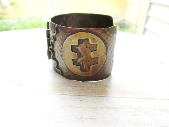 Vintage Wide Mixed Metal Cuff Bracelet Artisian C… - image 3