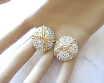 Vintage Swarovski Clip On Earrings Clear Rhinestone Pavé Gold Rope Cross Dome
