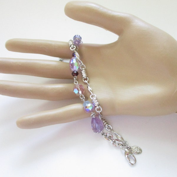 Vintage Signed Kirks Folly Bracelet Purple Crystal AB Beads Silver Tone