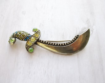 Large Silver Sword Scimitar Brooch Silver Tone Mid Century Jewelry