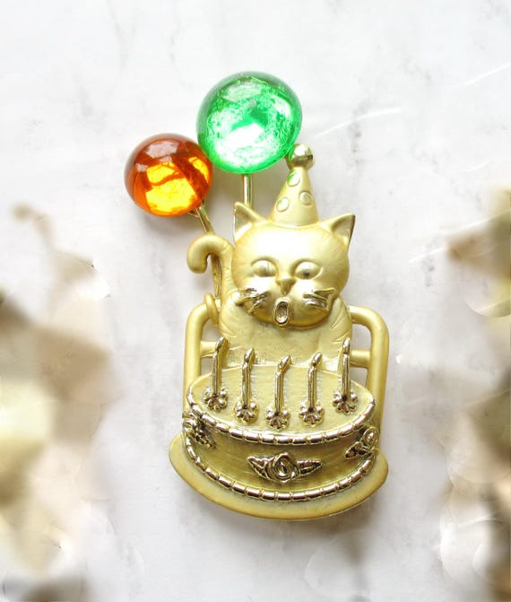 AJC Cat Birthday Cake Ballons Brooch