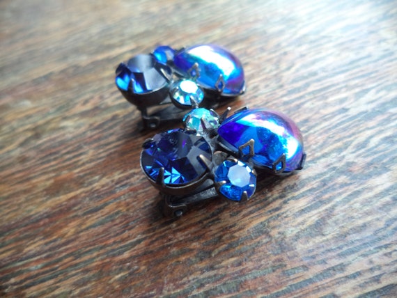 Vintage Blue Rhinestone Clip On Earrings Juliana … - image 3