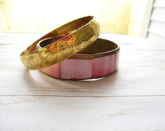 LOT Pair Vintage Pink MOP Brass Bangle Bracelet Etched Brass Gold Tone Bangle Bracelet