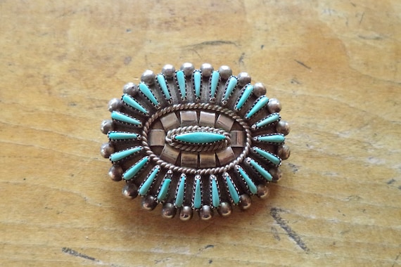 Vintage Zuni Sterling Turquoise Needlepoint Brooc… - image 1