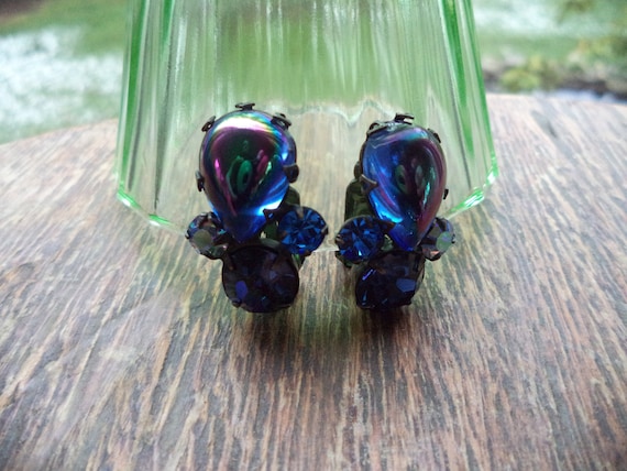 Vintage Blue Rhinestone Clip On Earrings Juliana … - image 4