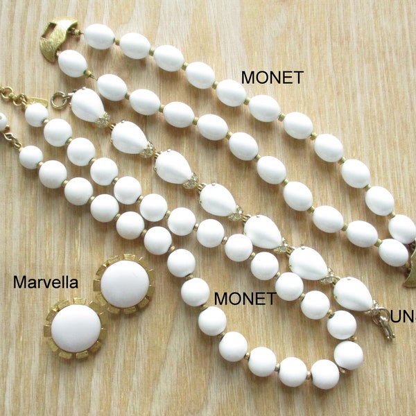 Vintage White MONET Necklaces Marvella Clip On Earrings