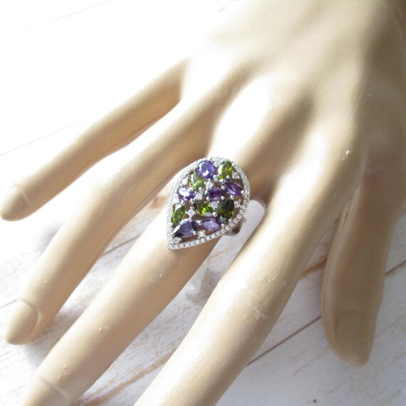 Multi-Color Cluster Gem Ring Simulated Purple Gre… - image 3