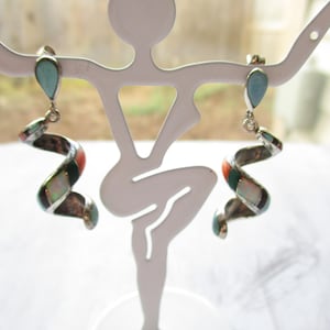 Zuni Sterling Inlaid Opal Coral Turquoise Post Earrings Swirls