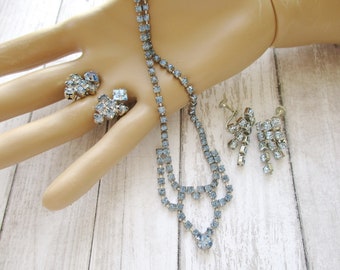 LOT Vintage Blue Rhinestone Jewelry Necklace Earrings