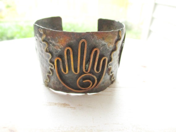 Vintage Wide Mixed Metal Cuff Bracelet Artisian C… - image 2