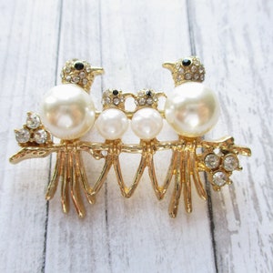 Vintage MONET Birds on Branch Brooch Faux Pearls Rhinestones
