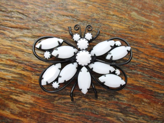 Vintage Butterfly Brooch White Milk Glass Rhinest… - image 1