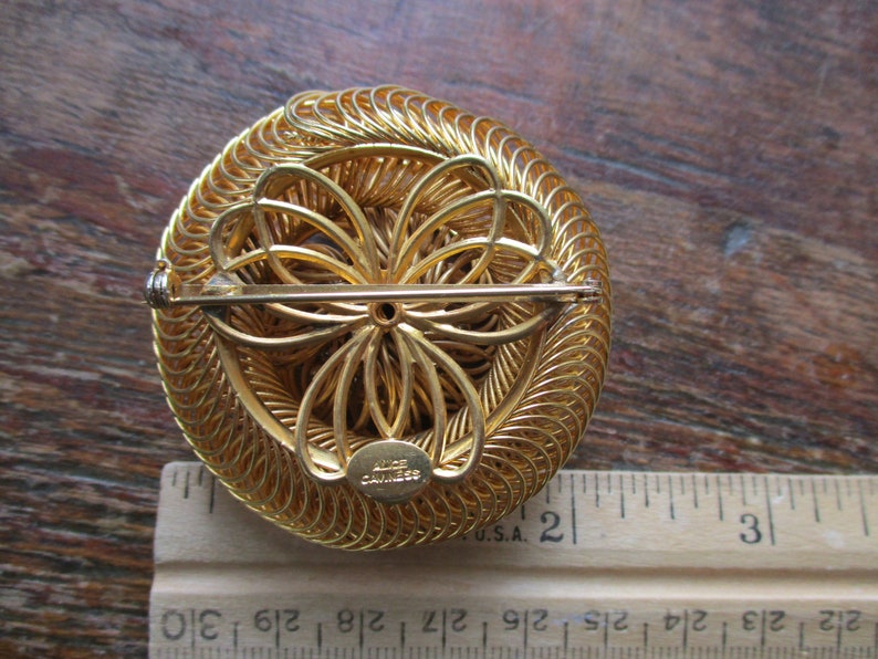 Signed Alice Caviness Brooch Swirly Twisted Wires Crystal Rhinestones Atomic Black Hole Unusual Signed Designer