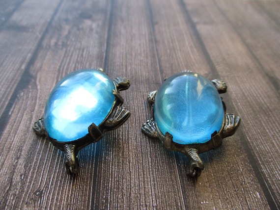 Vintage Pair 800 Silver Blue Lucite Turtle Brooch… - image 4