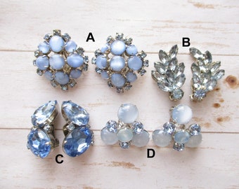 Blue Rhinestone Blue Cabochon Clip On Earrings Prong Set Silver Tone Glass Moonglow Light Blue