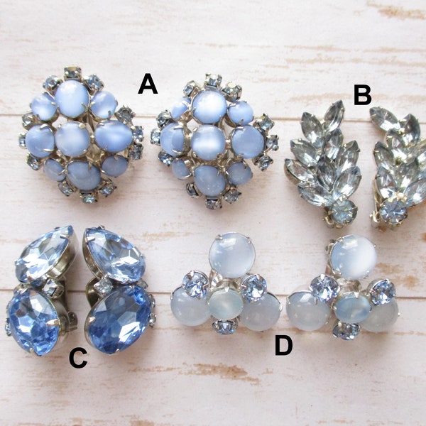 Blue Rhinestone Blue Cabochon Clip On Earrings Prong Set Silver Tone Glass Moonglow Light Blue