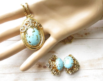 Vintage Faux Turquoise Glass Cabochon Necklace Earring Set Gold Tone Filigree Demi Parure