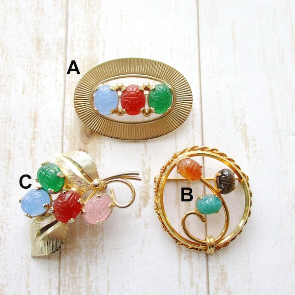 Glass Gem and Genuine Semi Precious Gem Scarab Brooches Sold Separately Gold