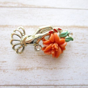 Vintage Celluloid Coral Flower Hand Brooch Gold Tone Victorian Style