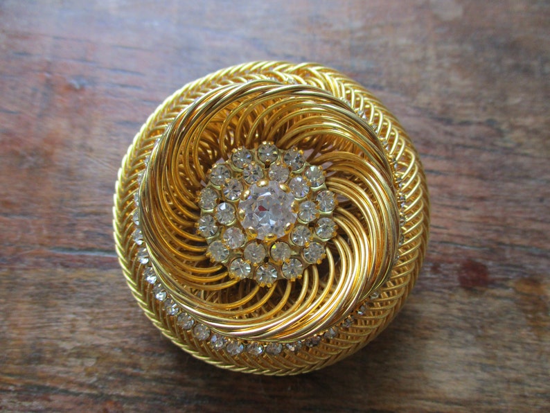 Signed Alice Caviness Brooch Swirly Twisted Wires Crystal Rhinestones Atomic Black Hole Unusual Signed Designer