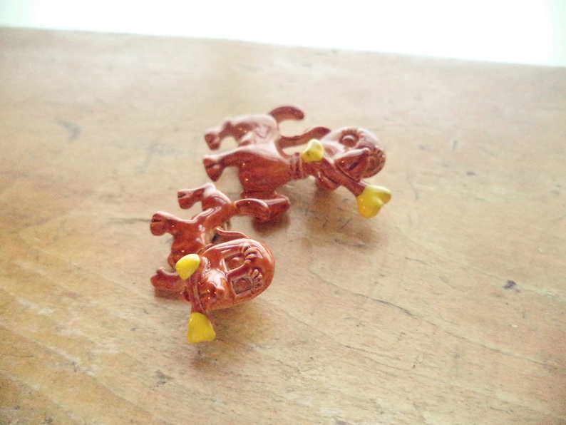 Vintage Mid Century Enamel Dog with Bone Pair of Scatter Pins Adorable Brown Puppy Yellow Bone