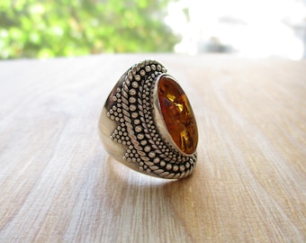 Vintage Sterling Amber Ring Bold Statement Ornate Bali