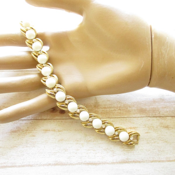 Vintage Crown Trifari Bracelet Gold Tone White Glass Crystal Rhinestone Link Bracelet