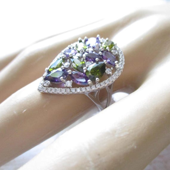 Multi-Color Cluster Gem Ring Simulated Purple Gre… - image 1