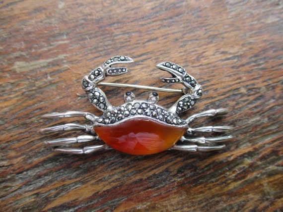 Sterling Crab Brooch 925 Marcasite Agate Sea Anima
