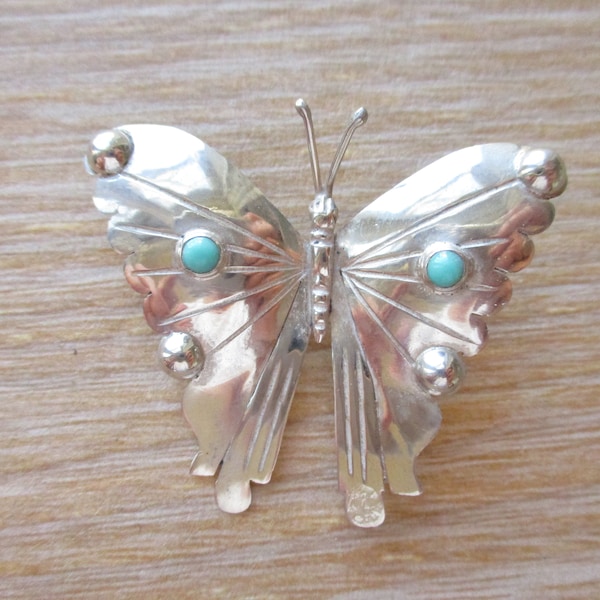 Vintage Sterling Mexico Butterfly Brooch Turquoise Eagle Stamp