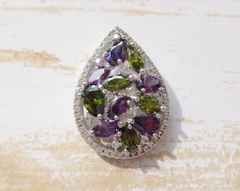 Sterling 925 Amethyst Peridot CZ Tear Drop Pendant Simulated Gems