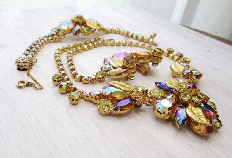 Juliana Parure AB Rhinestone Gold Leaf Accents Juliana D/&E Jewelry Set Necklace Bracelet Clip On Earrings Gold Tone