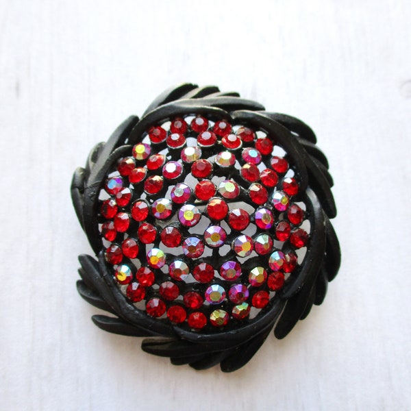 Vintage Signed Karu Red Rhinestone Brooch Black