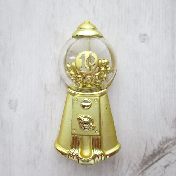 Vintage Penny Gumball Machine Brooch Signed AJC Gold Tone Lucite