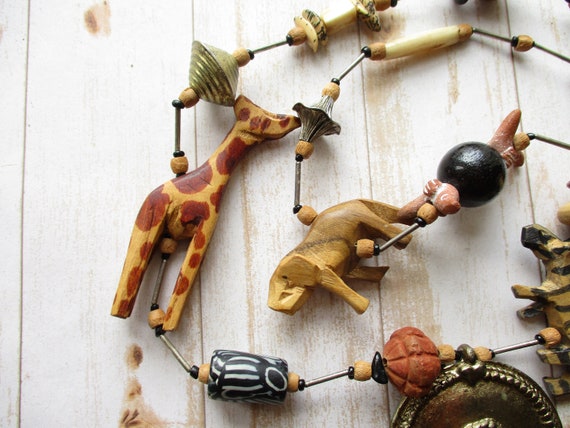 Vintage Carved Wood Animal African Bead Statement… - image 4