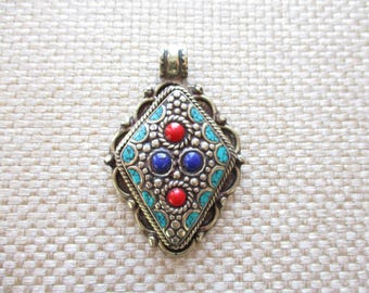 Vintage Large Tibetan Pendant Silver Ornate Lapis Coral Turquoise