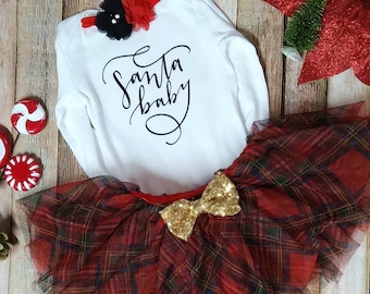 Baby Girl Christmas Outfit, Santa Baby Christmas Outfit, Toddler Girl Christmas, Red and Black, Plaid, Santa Baby, Girl's Christmas Outfit