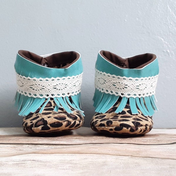 Leopard Baby Booties, Fringe baby boots, Turquoise and Leopard, Booties, Baby Moccasin Boots, Baby Fringe Booties, Lace Booties, Boho Chic