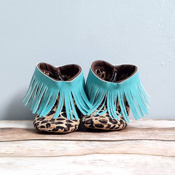 Leopard Baby Booties, Fringe baby boots, Turquoise and Leopard, Booties, Baby Moccasin Boots, Baby Fringe Booties, Lace Booties, Boho Chic