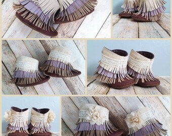 Baby Shoes, Baby Fringe Booties, Beige, Lilac, Cream, Baby Shower Gift, Lace, Baby Boots, Baby Girl Shoes, Baby Girl Booties, Baby Girl Gift