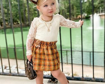 Girl's Thanksgiving Skirt, Fall Skirt, Gold Plaid Skirt, Orange