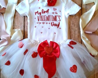 My First Valentine's Day Outfit, Baby Girl Valentine's Day Outfit, Red and Gold, Red and Pink, Pink and Gold, Valentine's Day Onesie, Outfit