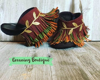 Stivali da bambino a colori autunnali, stivaletti western per bambini Shabby Chic frangia Borgogna, arancio bruciato e stivali mocassino da bambino verde oliva, scarpe da bambino unisex