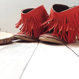 Red Baby Boots, Baby Western Booties Shabby Chic Fringe red and Brown or black Western Boots, Cowboy Boots, Baby Moccasin Fringe Boots