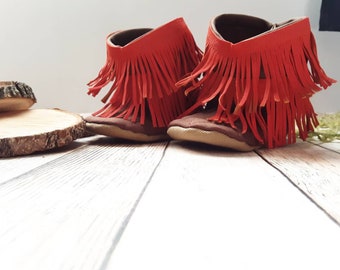 Red Baby Boots, Baby Western Booties Shabby Chic Fringe red and Brown or black Western Boots, Cowboy Boots, Baby Moccasin Fringe Boots