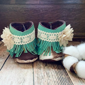 Cow Print Fringe baby boots, Cowgirl Booties, Cow print and Turquoise Boots, Baby Fringe Booties, Cow Baby Boots, Lace, Fringe Baby Booties
